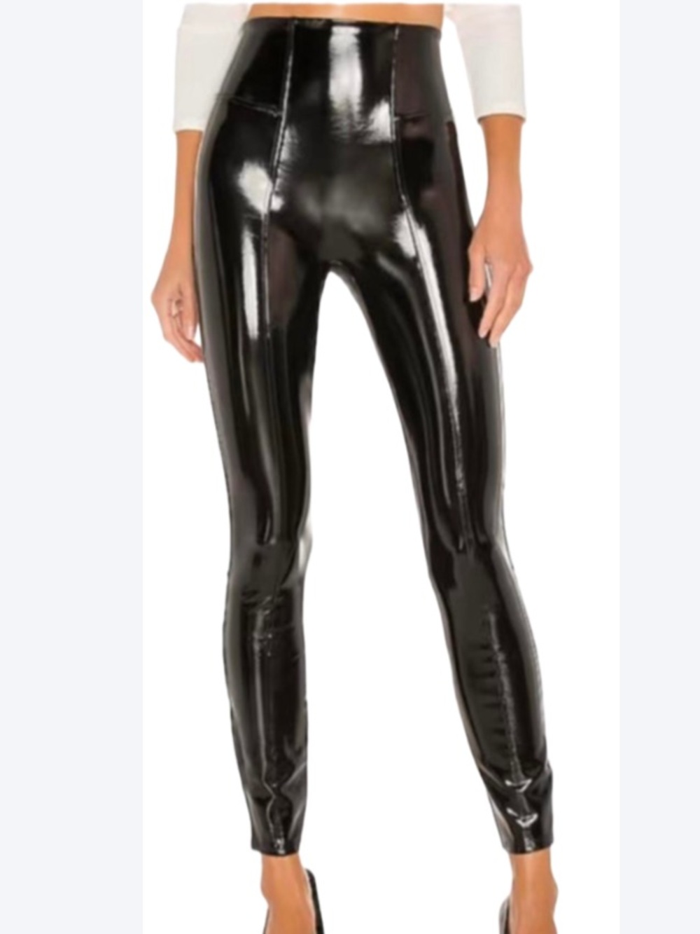 SPANX Black Patent Faux Liquid Leather High Rise Leggings Size Large Tall